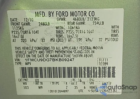 2011 Ford Escape Xlt из США, поврежденный, VIN 1FMCU9DG7BKB09247